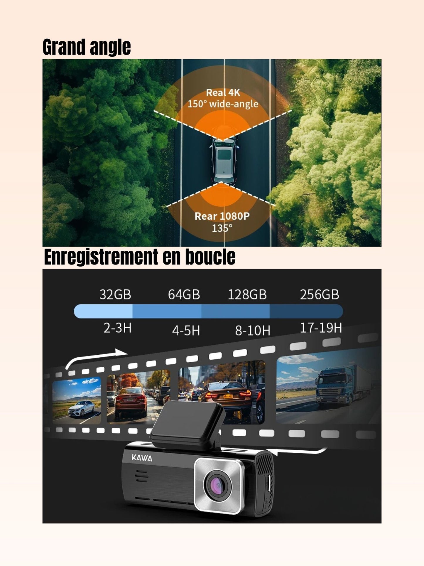 Dashcam voiture caméra embarquée KAWA D10 grand angle